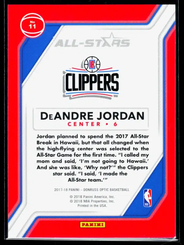 2017 18 DeAndre Jordan #11 Panini Donruss Optic All Stars - back