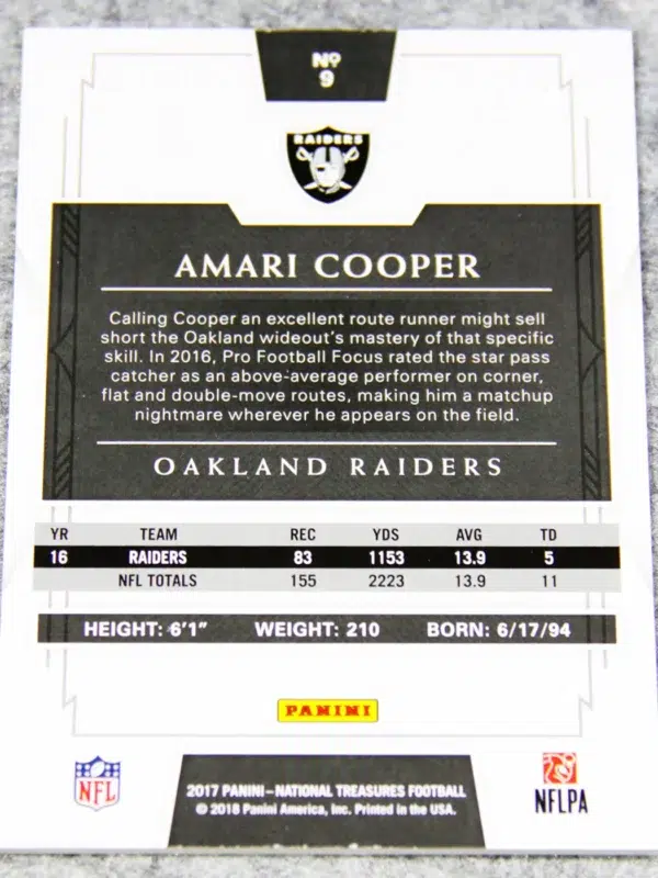 2017 Amari Cooper #9 Panini National Treasures Jersey Number Red of 89 - back