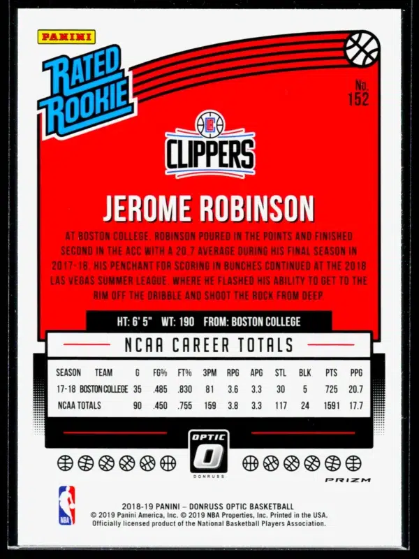 2018 19 Jerome Robinson #152 Panini Donruss Optic Rated Rookie Blue Velocity Prizm - back