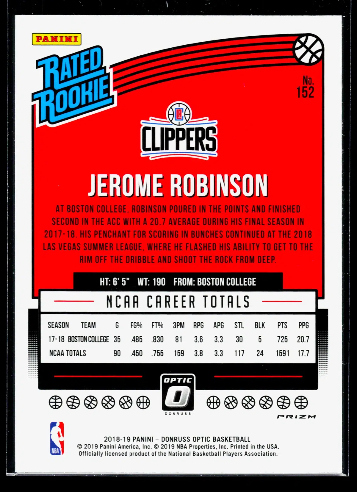 2018 19 Jerome Robinson #152 Panini Donruss Optic Rated Rookie Blue Velocity Prizm - back