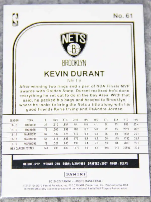 2019 20 Kevin Durant #61 Panini Hoops - back