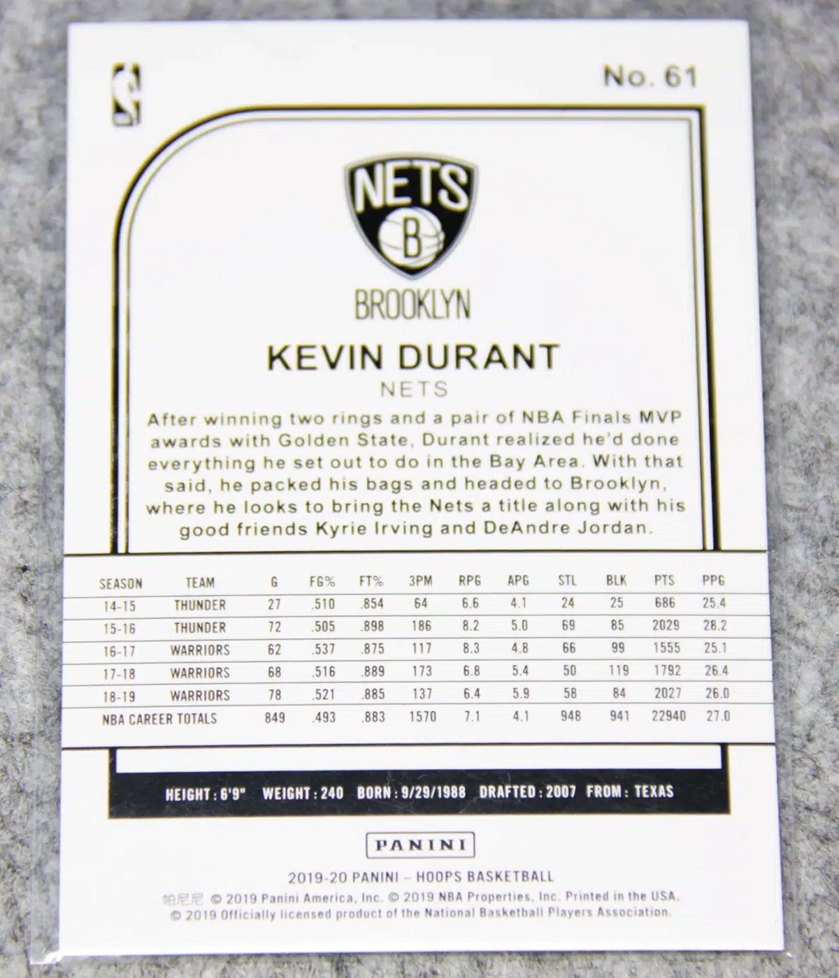 2019 20 Kevin Durant #61 Panini Hoops - back