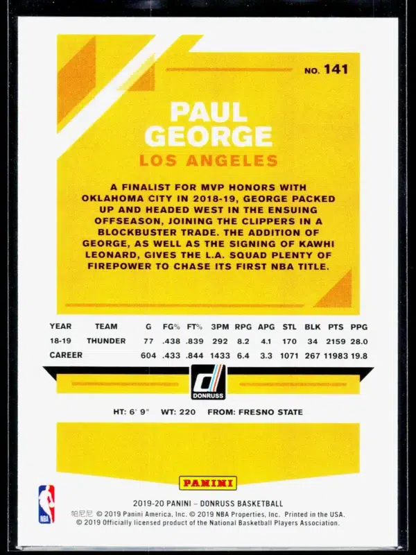 2019 20 Paul George #141 Panini Donruss Press Proof of 199 - back