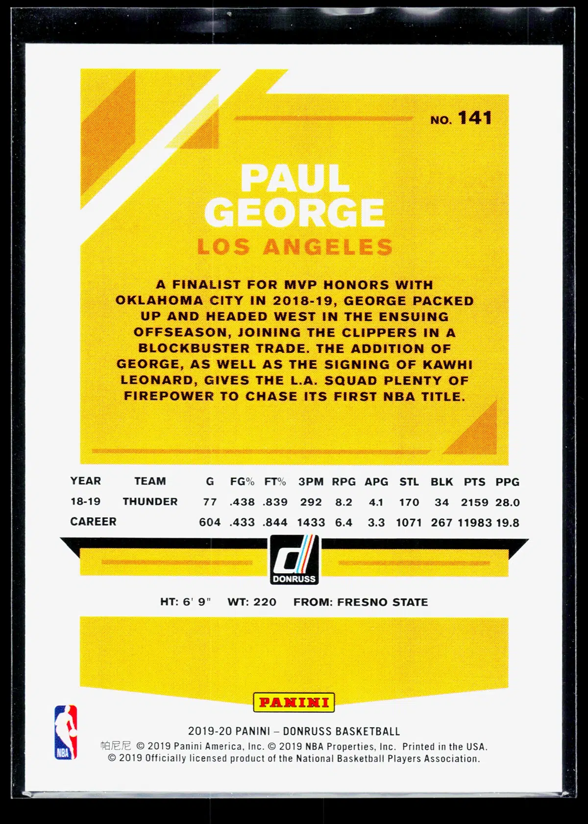 2019 20 Paul George #141 Panini Donruss Press Proof of 199 - back