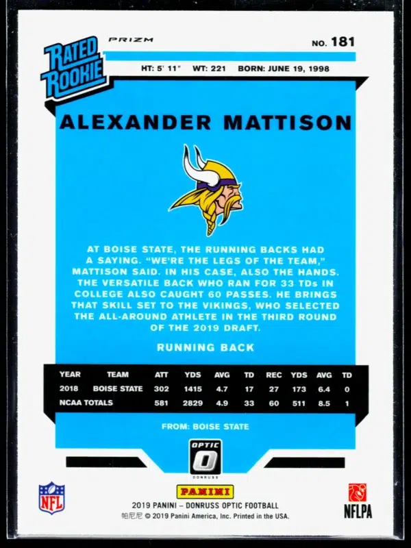 2019 Alexander Mattison #181 Panini Donruss Optic Rated Rookie Green Velocity - back