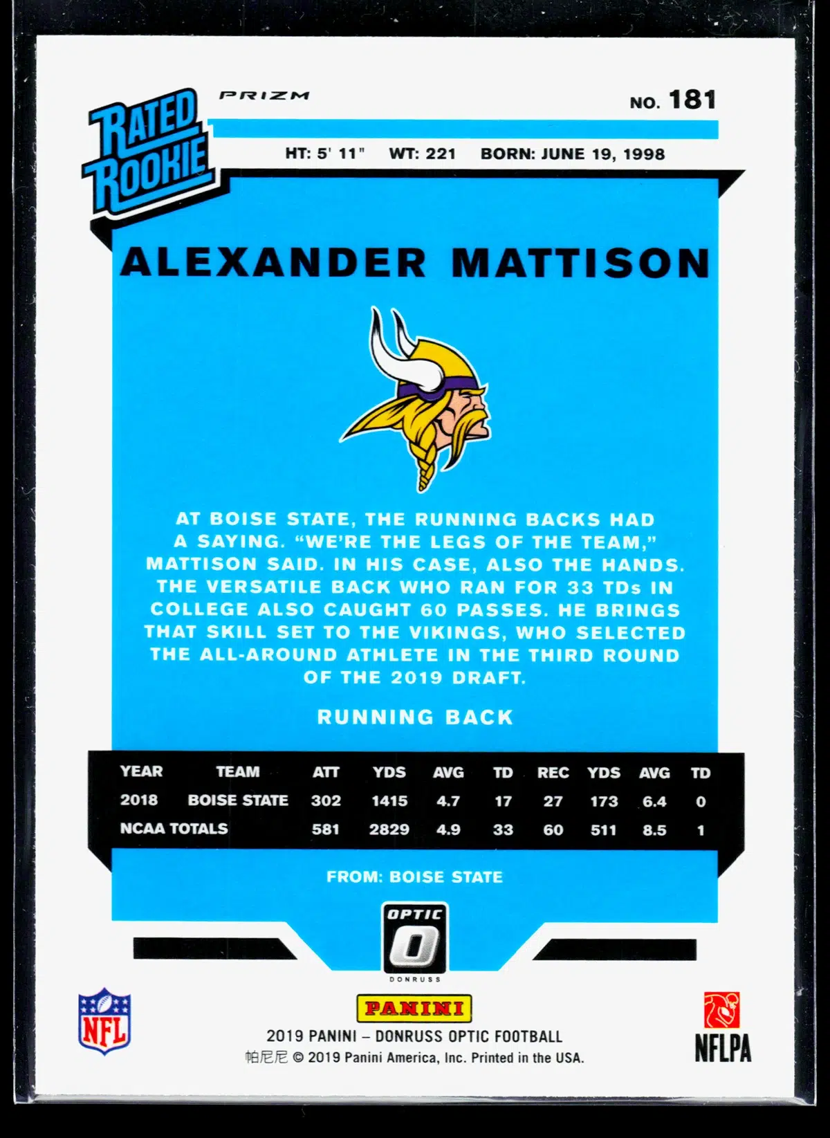 2019 Alexander Mattison #181 Panini Donruss Optic Rated Rookie Green Velocity - back
