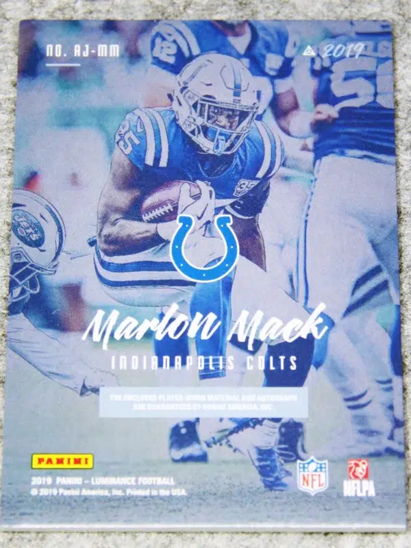 2019 Marlon Mack #AJ MM Panini Luminance Autograph Jersey Prime Gold of 49 - back