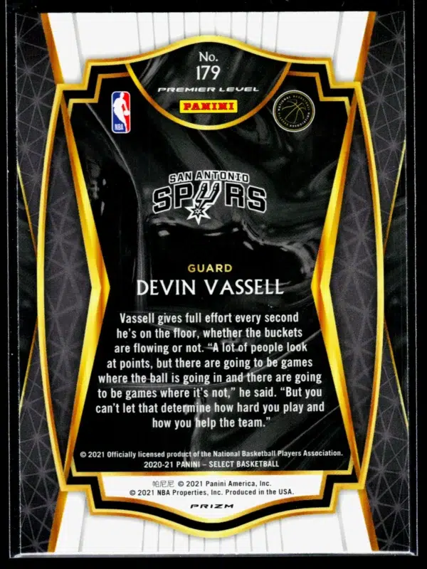 2020 21 Devin Vassell #179 Panini Select Premier Level Blue Prizm - back