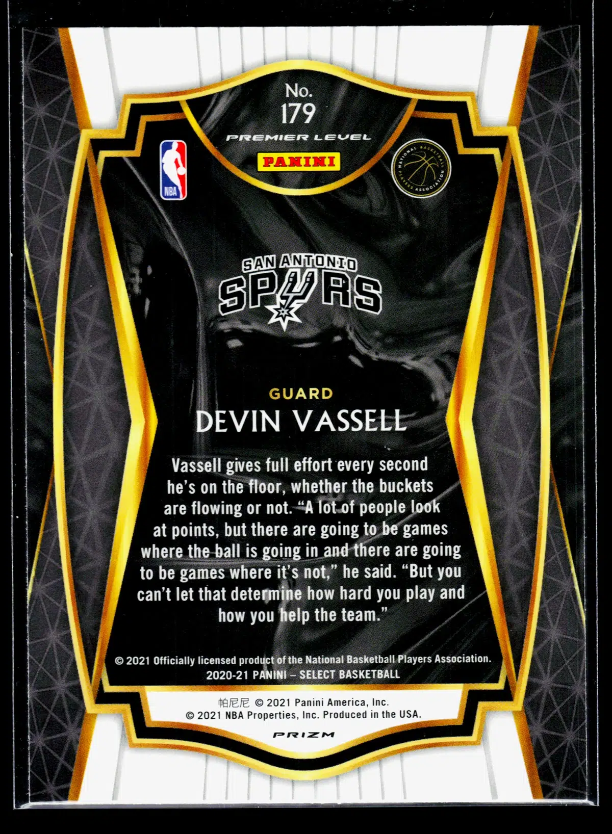 2020 21 Devin Vassell #179 Panini Select Premier Level Blue Prizm - back