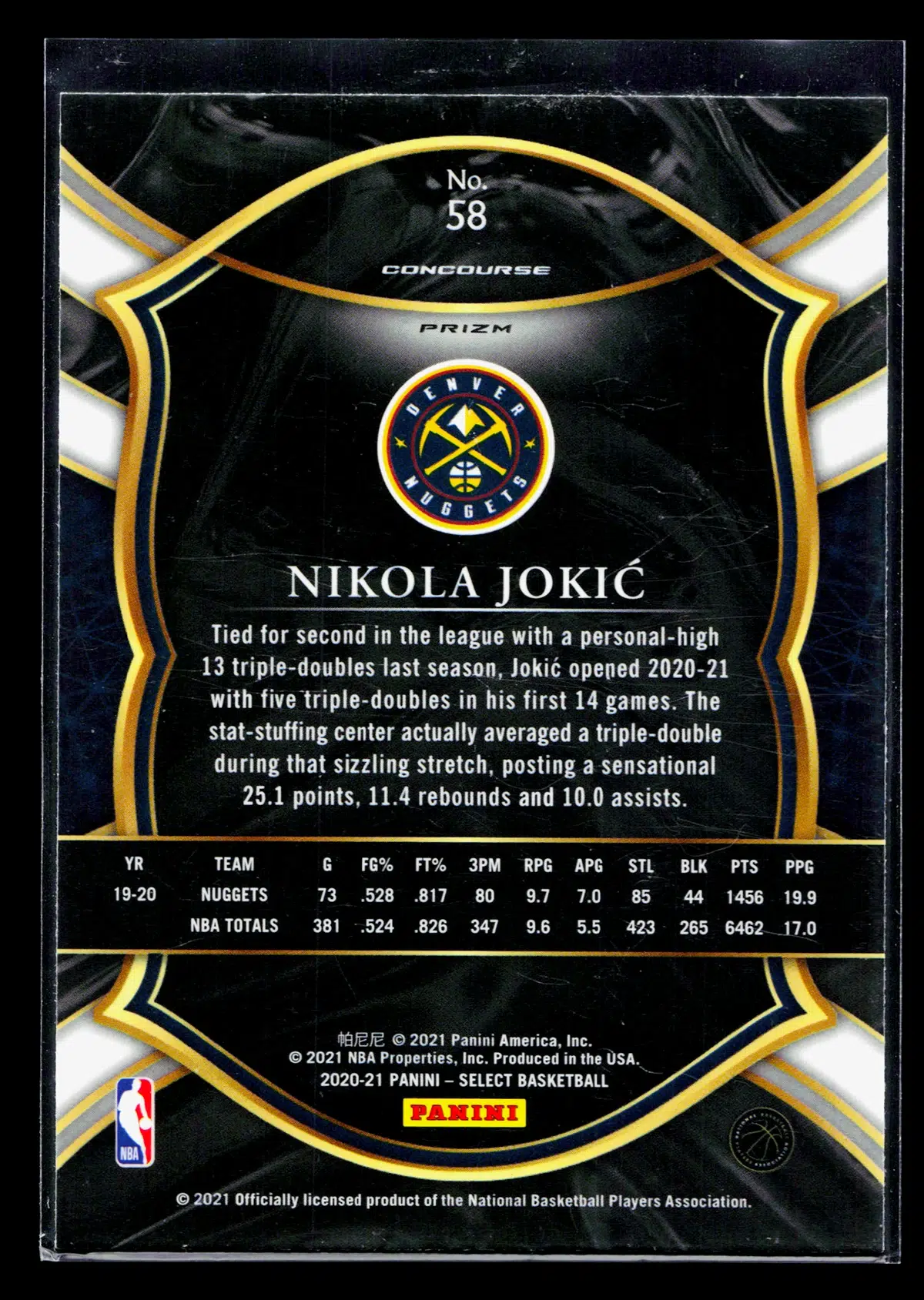 2020 21 Nikola Jokic #58 Panini Select Concourse Red White Orange Shimmer Prizm - back