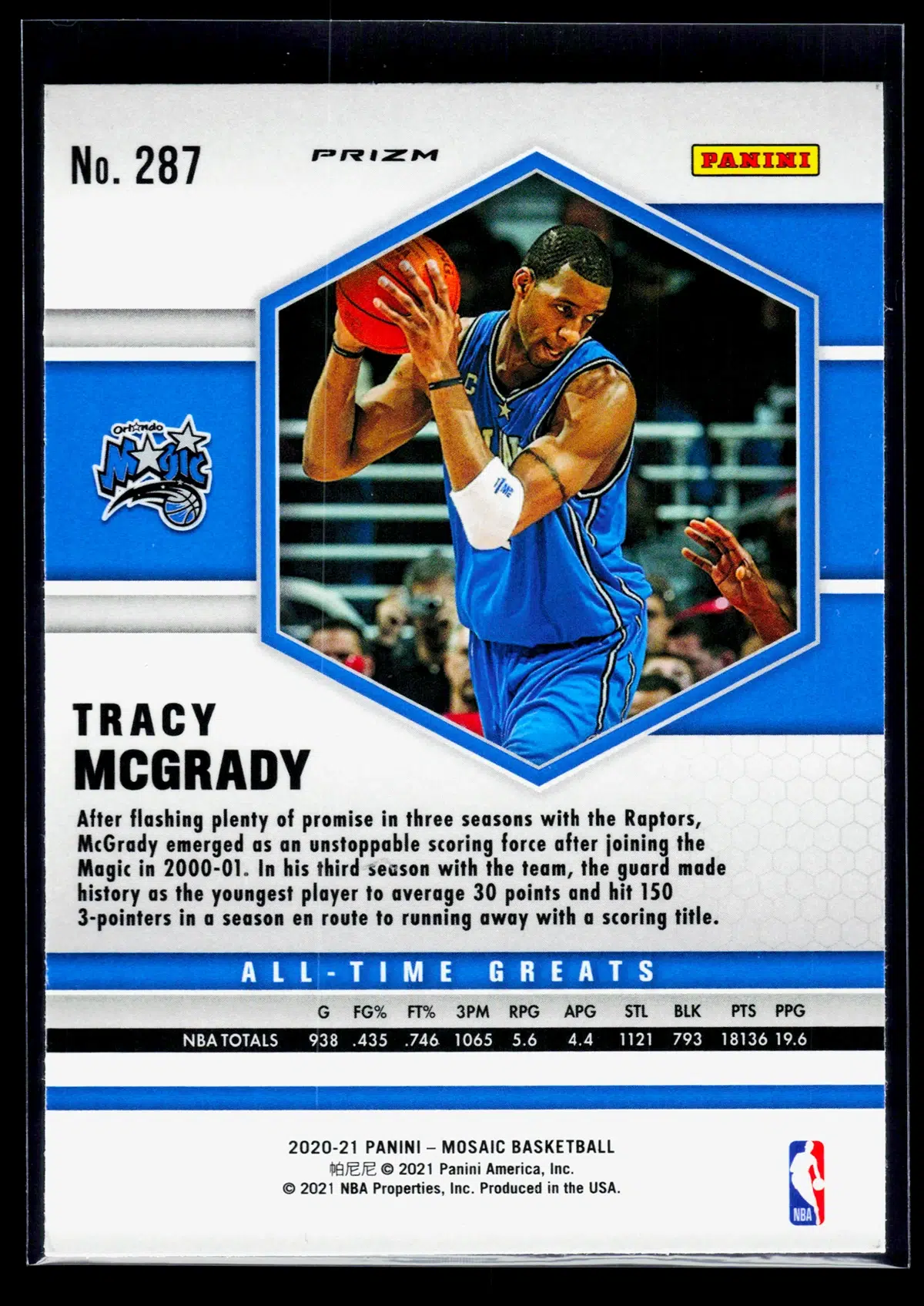 2020 21 Tracy McGrady #287 Panini Mosaic All Time Greats Pink Camo Prizm - back