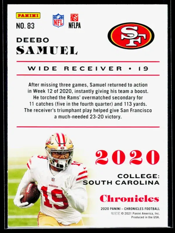 2020 Deebo Samuel #83 Panini Chronicles Green - back
