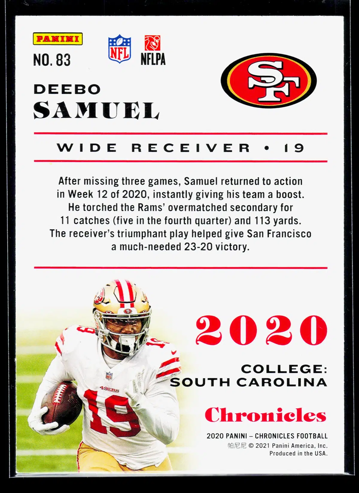 2020 Deebo Samuel #83 Panini Chronicles Green - back