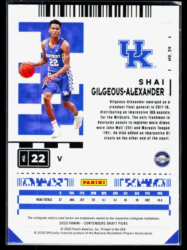2020 Shai Gilgeous Alexander #39 Panini Contenders Draft Picks Prospect Ticket - back
