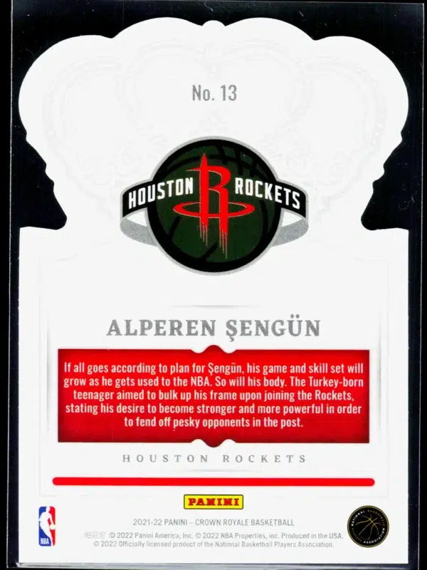 2021 22 Alperen Şengün #13 Panini Crown Royale - back