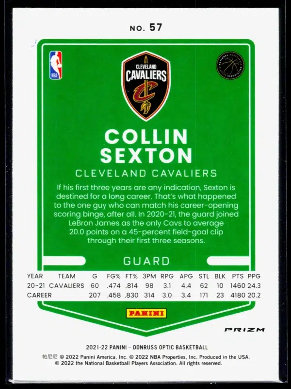 2021 22 Collin Sexton #57 Panini Donruss Optic Blue Velocity Prizm - back