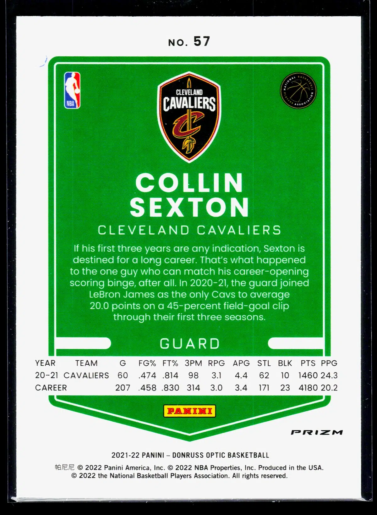 2021 22 Collin Sexton #57 Panini Donruss Optic Blue Velocity Prizm - back
