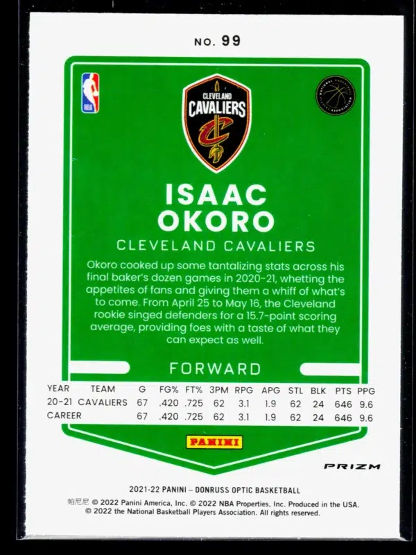 2021 22 Isaac Okoro #99 Panini Donruss Optic Blue Velocity Prizm - back
