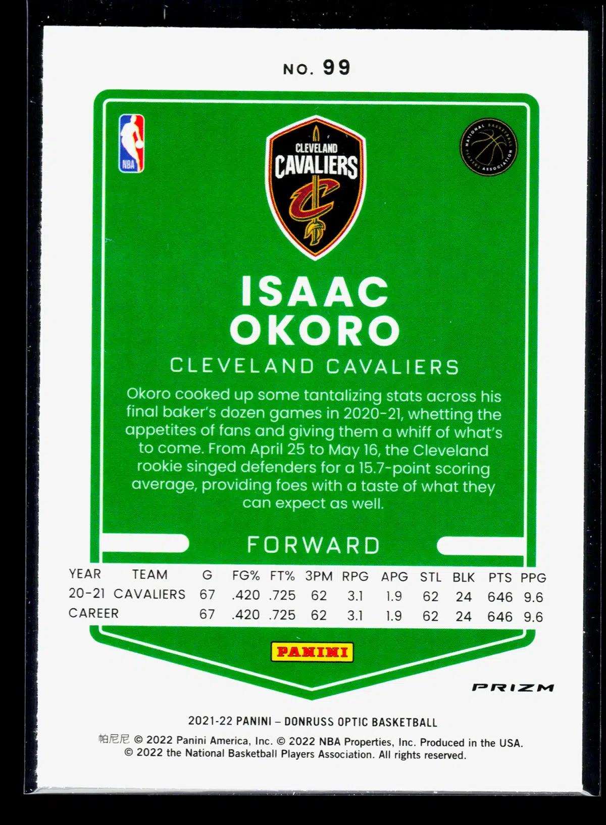 2021 22 Isaac Okoro #99 Panini Donruss Optic Blue Velocity Prizm - back