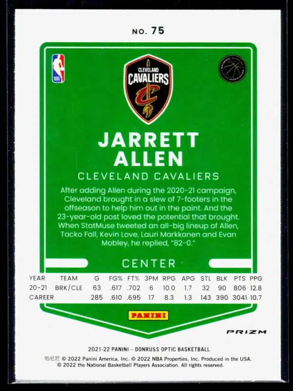 2021 22 Jarrett Allen #75 Panini Donruss Optic Blue Velocity Prizm - back