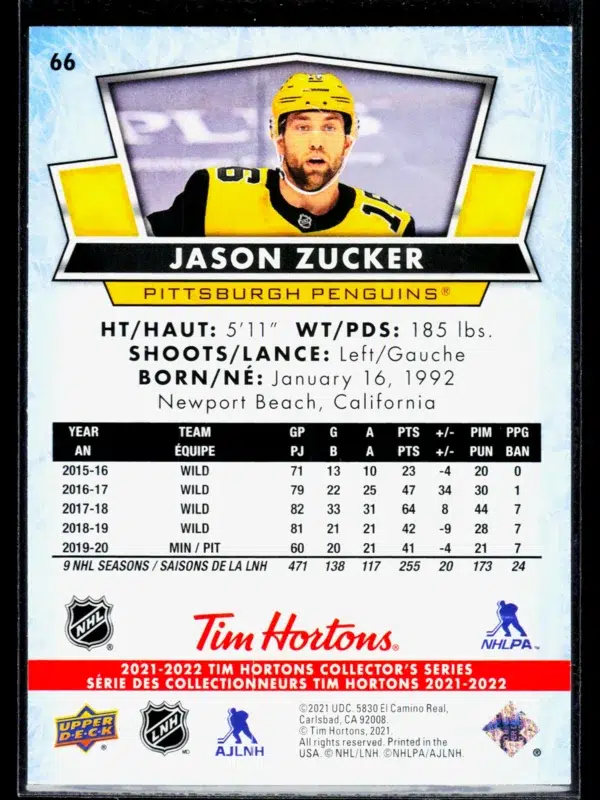 2021 22 Jason Zucker #66 Upper Deck Tim Hortons - back