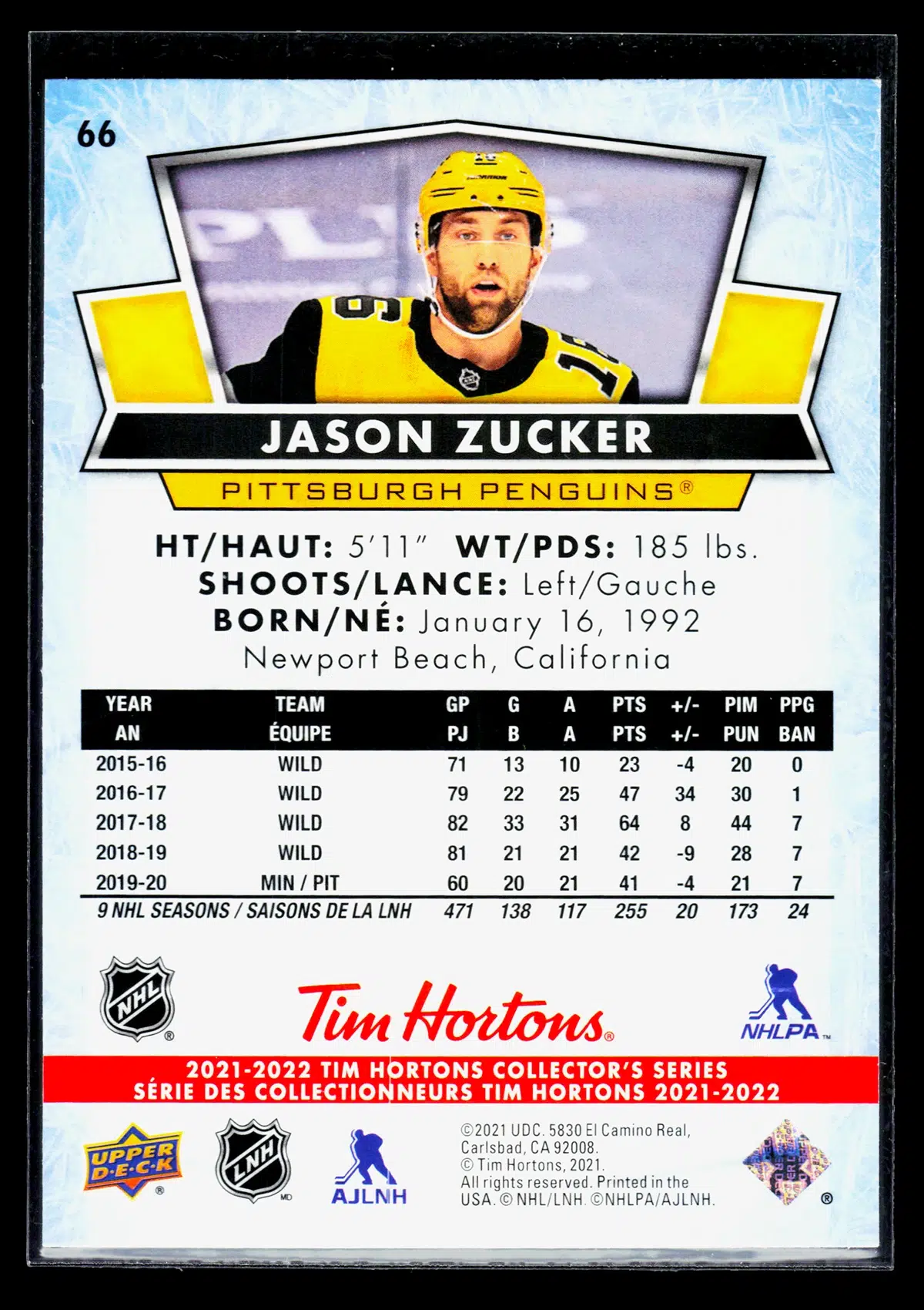 2021 22 Jason Zucker #66 Upper Deck Tim Hortons - back