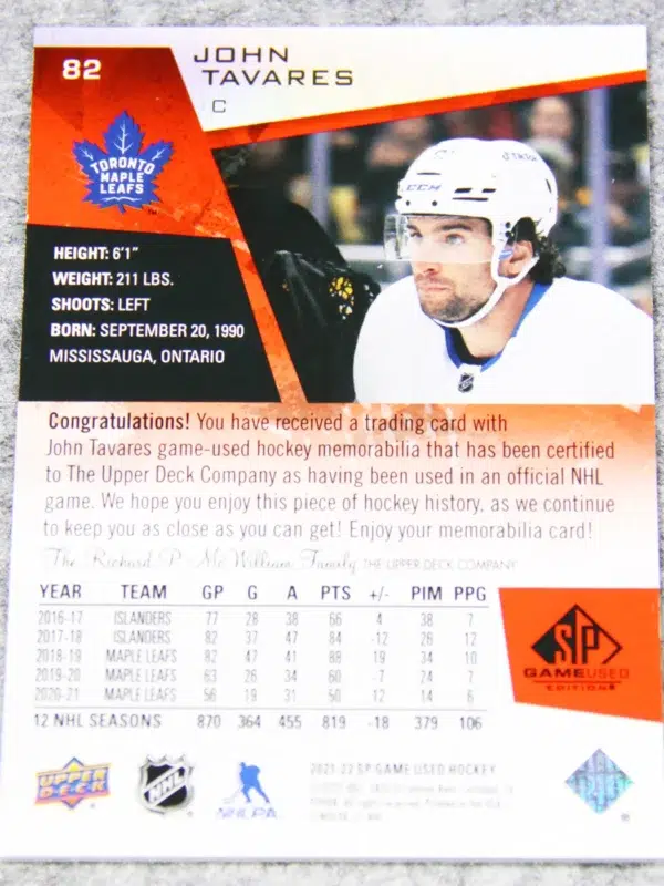 2021 22 John Tavares #82 Upper Deck SP Game Used Red Jersey - back