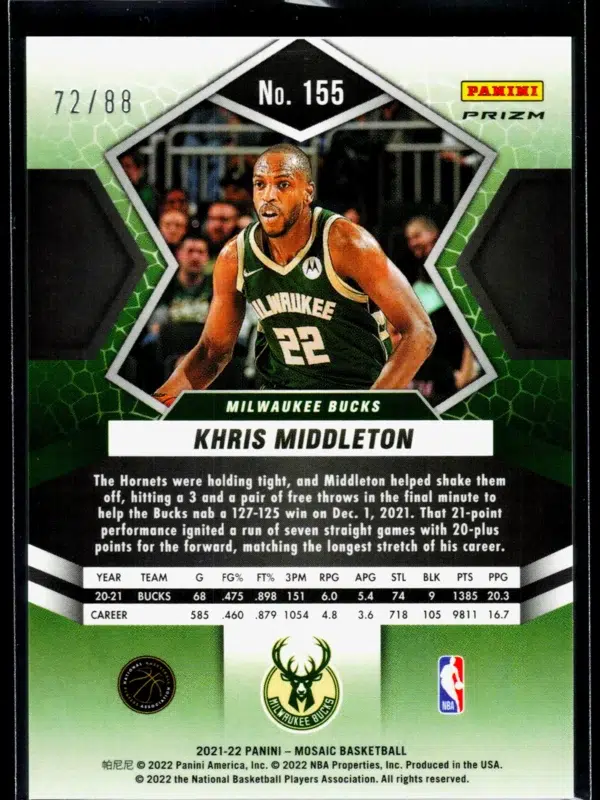 2021 22 Khris Middleton #155 Panini Mosaic Choice Fusion Red & Yellow Prizm of 88 - back