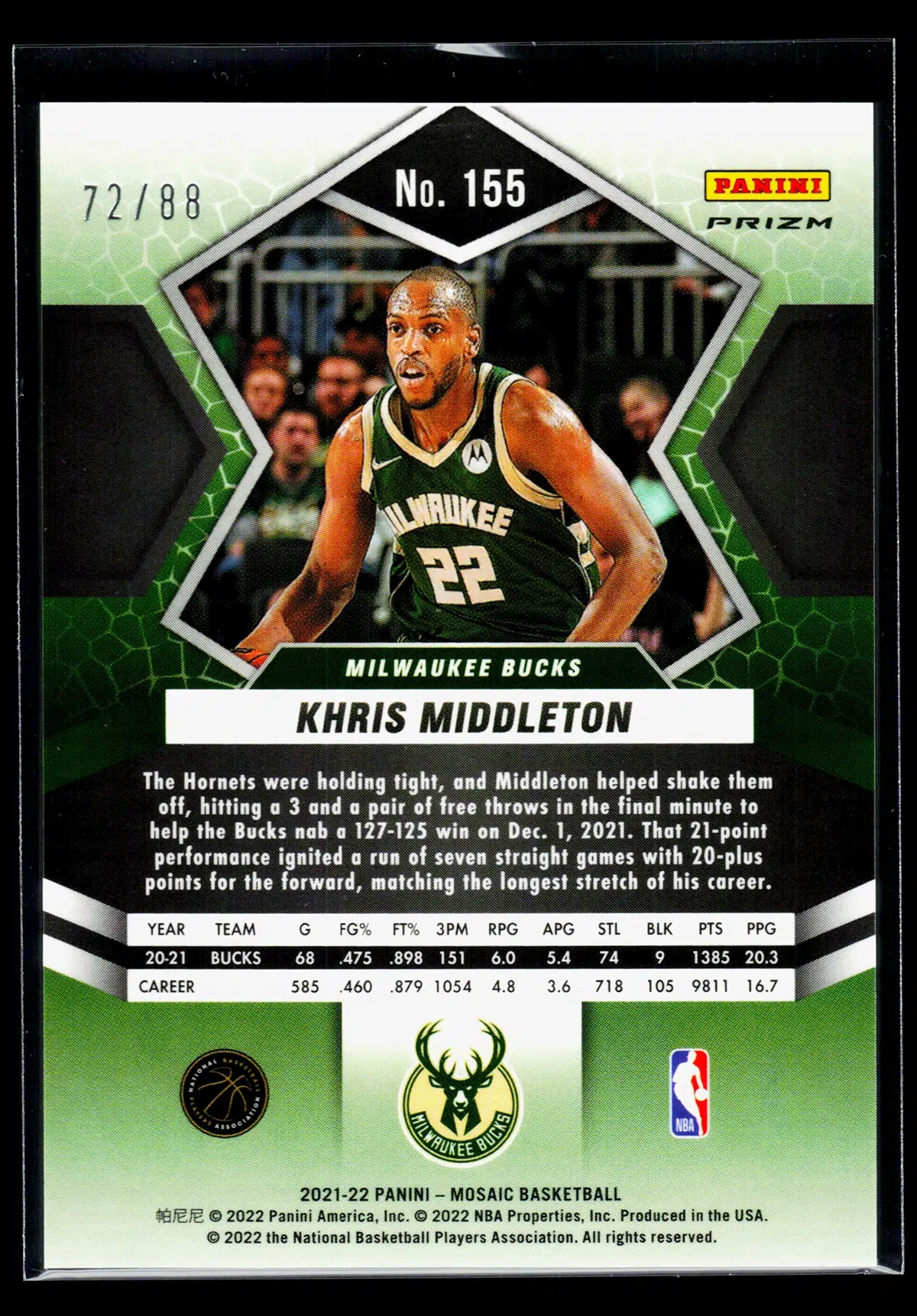 2021 22 Khris Middleton #155 Panini Mosaic Choice Fusion Red & Yellow Prizm of 88 - back