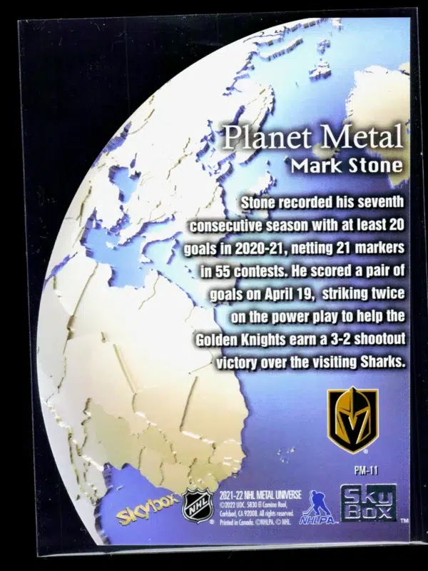 2021 22 Mark Stone #PM 11 Upper Deck Skybox Metal Universe Planet Metal - back