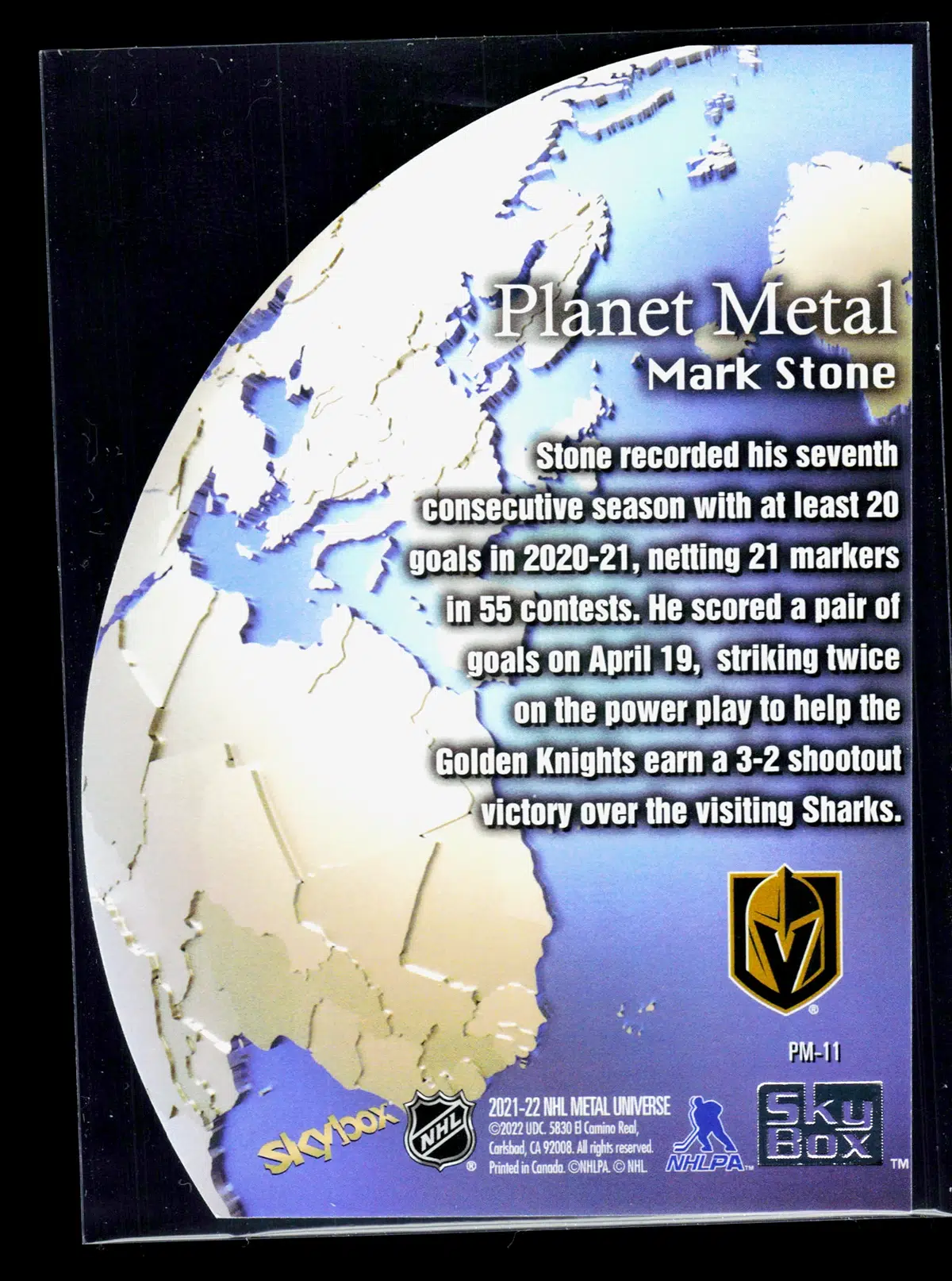 2021 22 Mark Stone #PM 11 Upper Deck Skybox Metal Universe Planet Metal - back