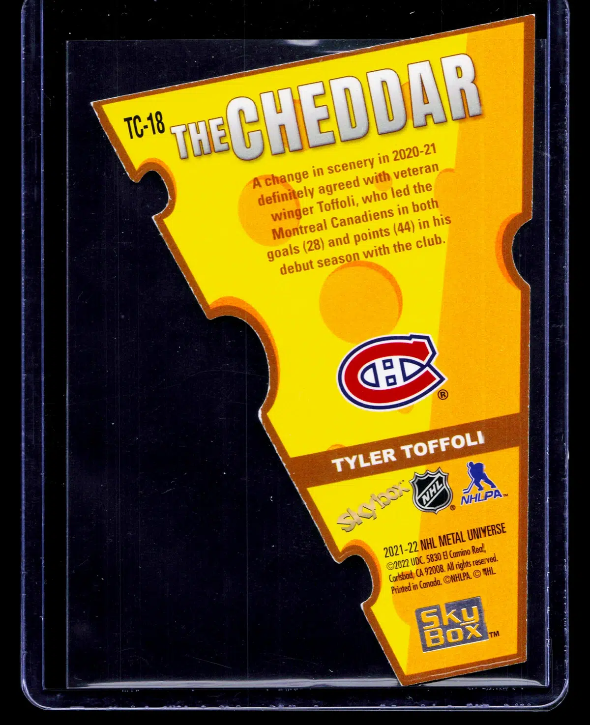 2021 22 Tyler Toffoli #TC 18 Upper Deck Skybox Metal Universe The Cheddar - back