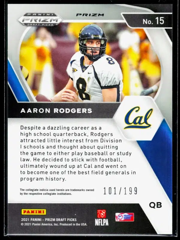 2021 Aaron Rodgers #15 Panini Prizm Draft Picks Blue of 199 - back