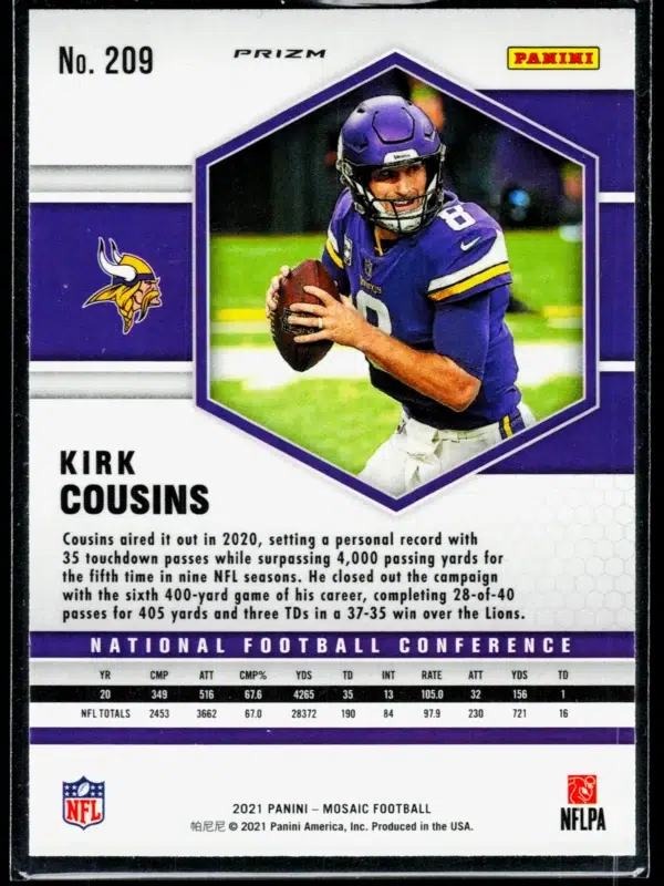 2021 Kirk Cousins #209 Panini Mosaic NFC Green - back