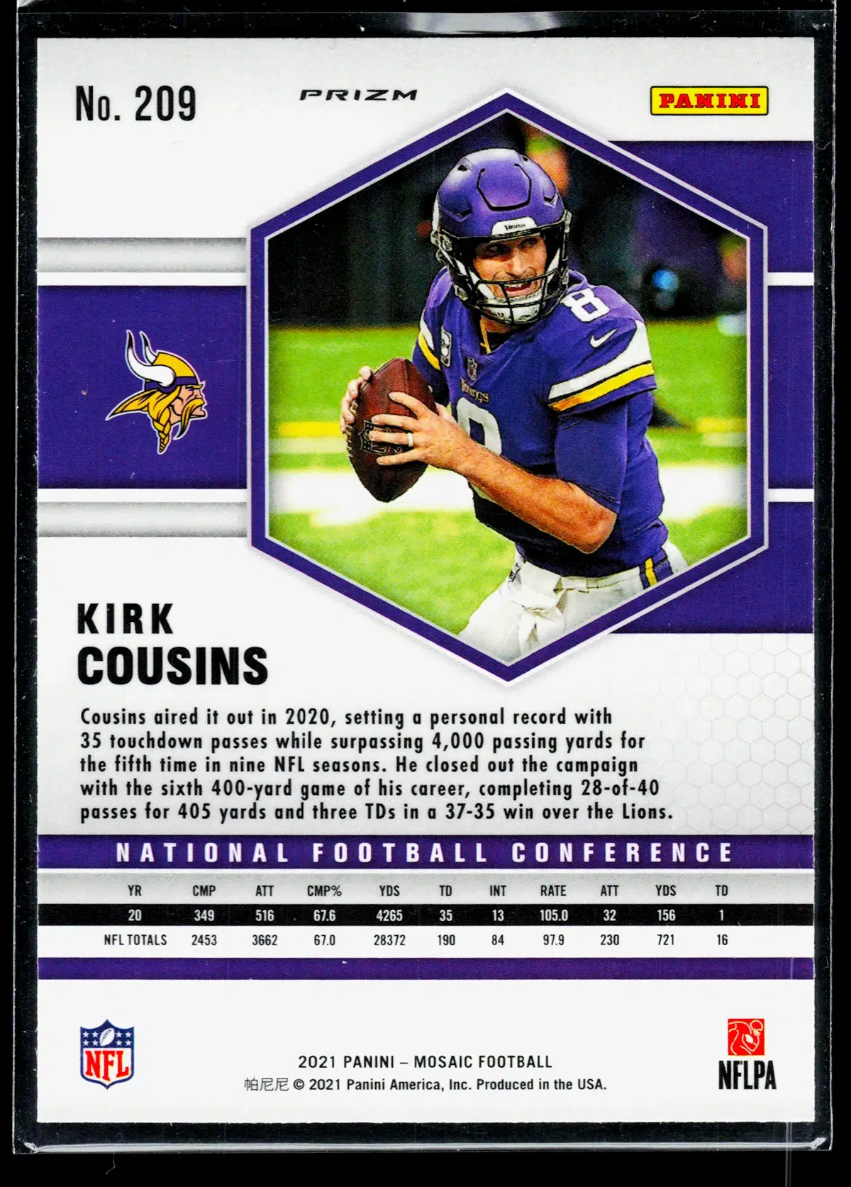 2021 Kirk Cousins #209 Panini Mosaic NFC Green - back