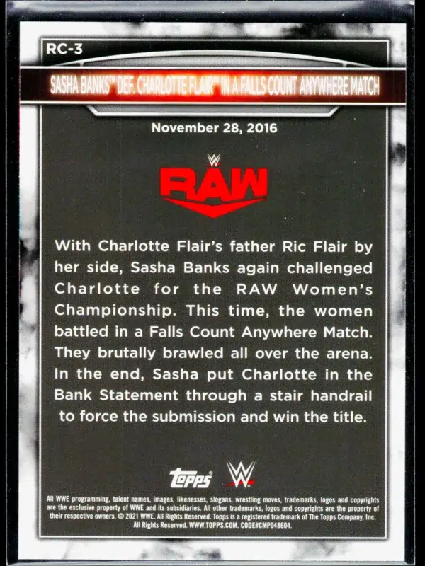 2021 Sasha Banks #RC 3 Topps WWE Womens Division 5th Anniversary Womens Championship Tribute - back