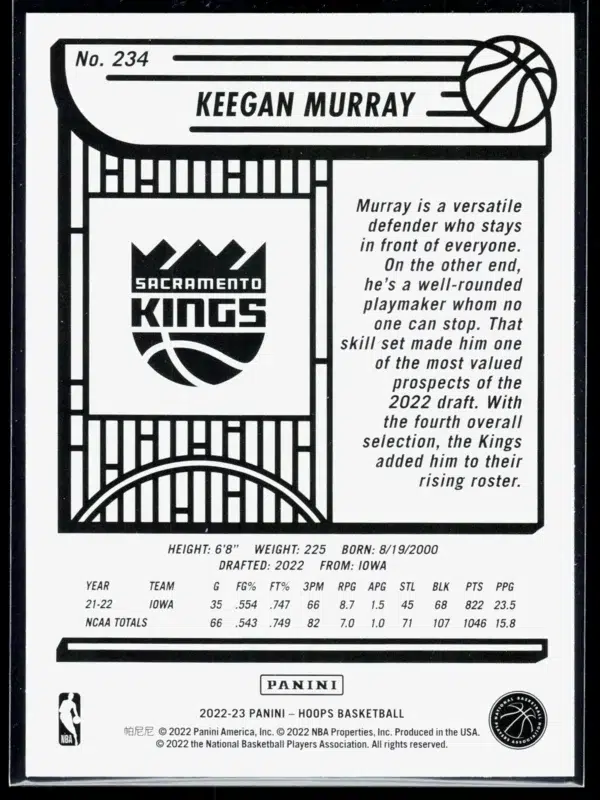 2022 23 Keegan Murray #234 Panini Hoops Winter - back