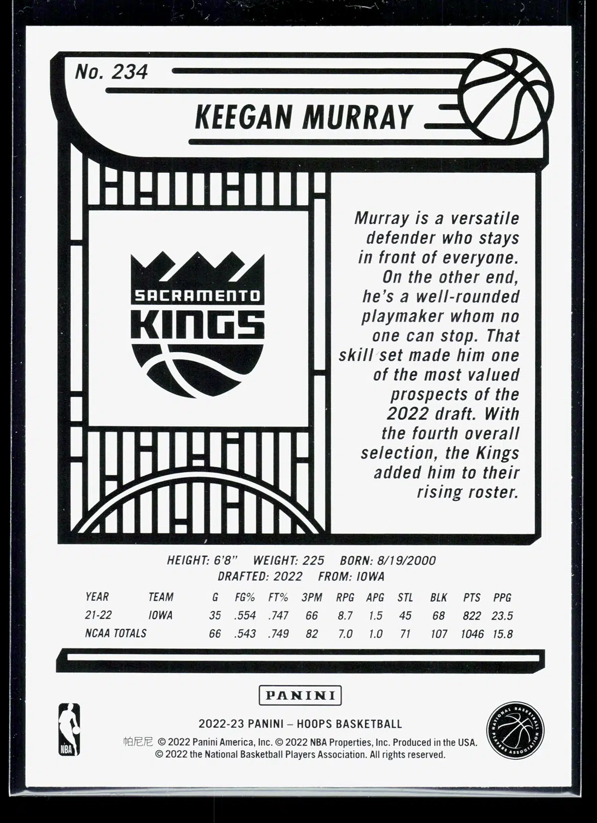 2022 23 Keegan Murray #234 Panini Hoops Winter - back