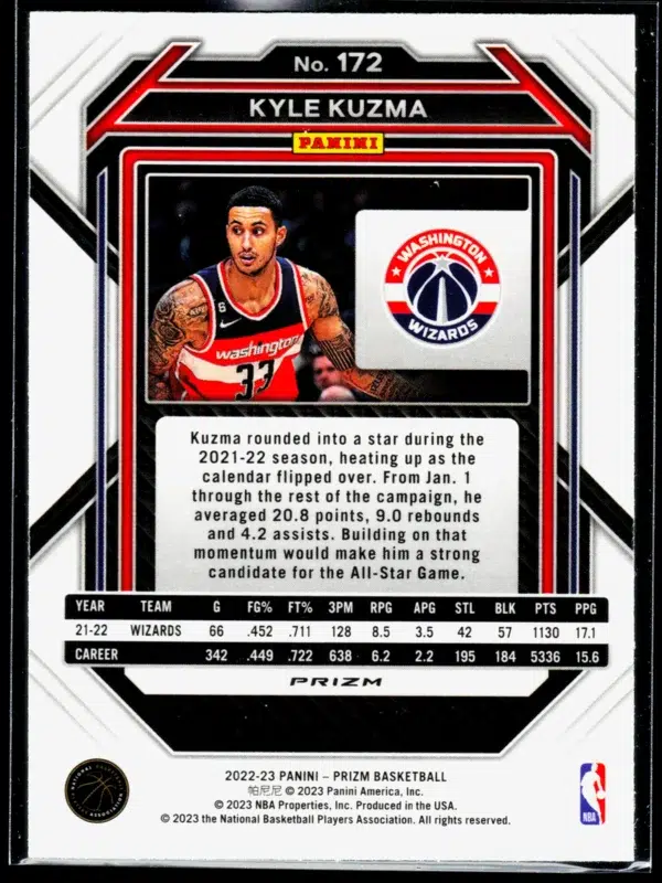 2022 23 Kyle Kuzma #172 Panini Prizm Ice - back