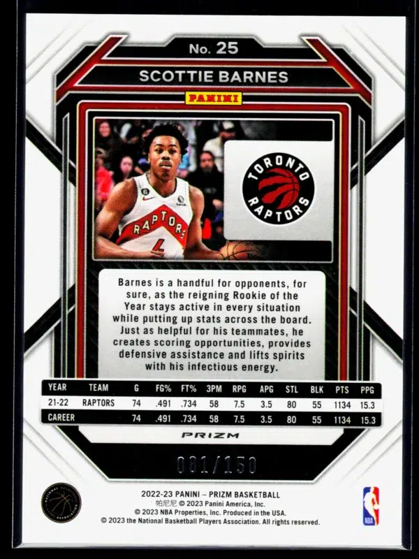 2022 23 Scottie Barnes #25 Panini Prizm of 150 - back