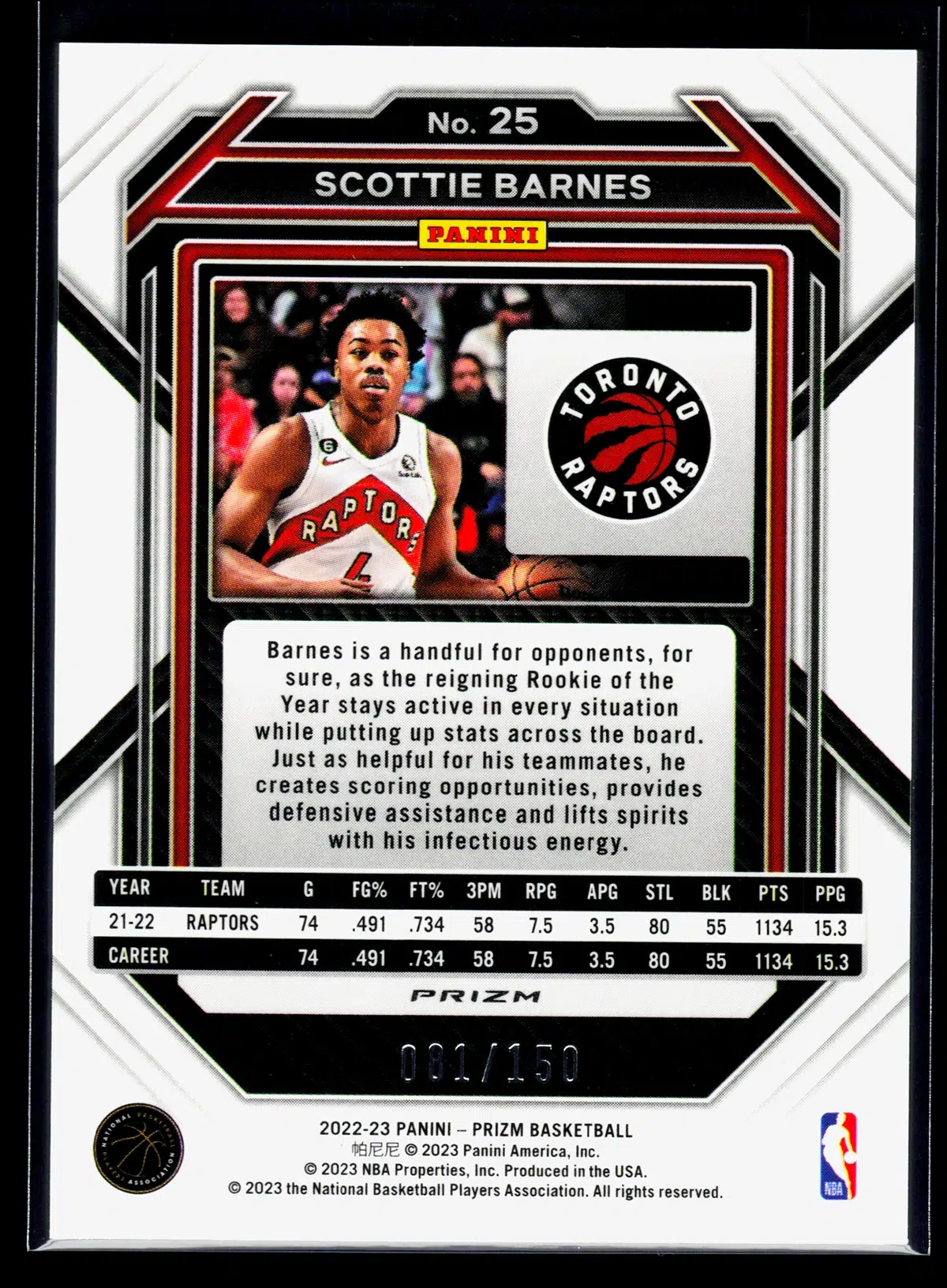 2022 23 Scottie Barnes #25 Panini Prizm of 150 - back
