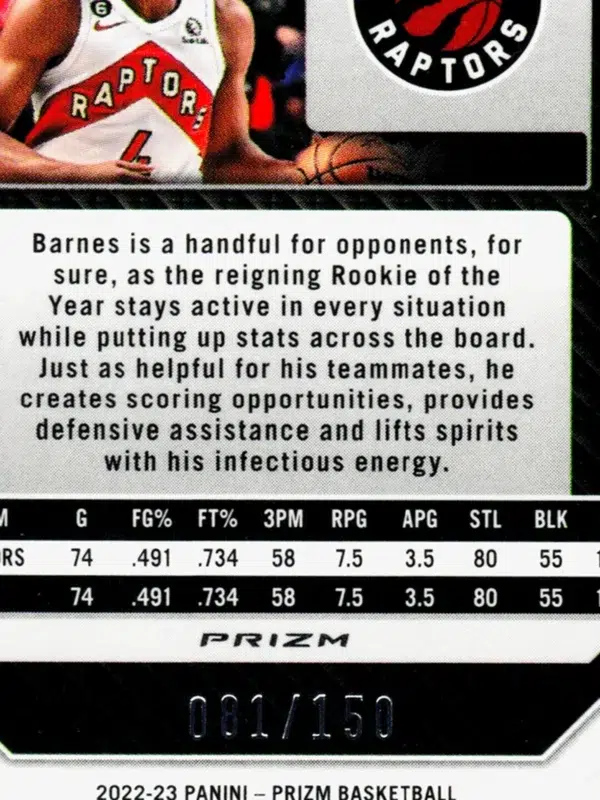2022 23 Scottie Barnes #25 Panini Prizm of 150 - detail
