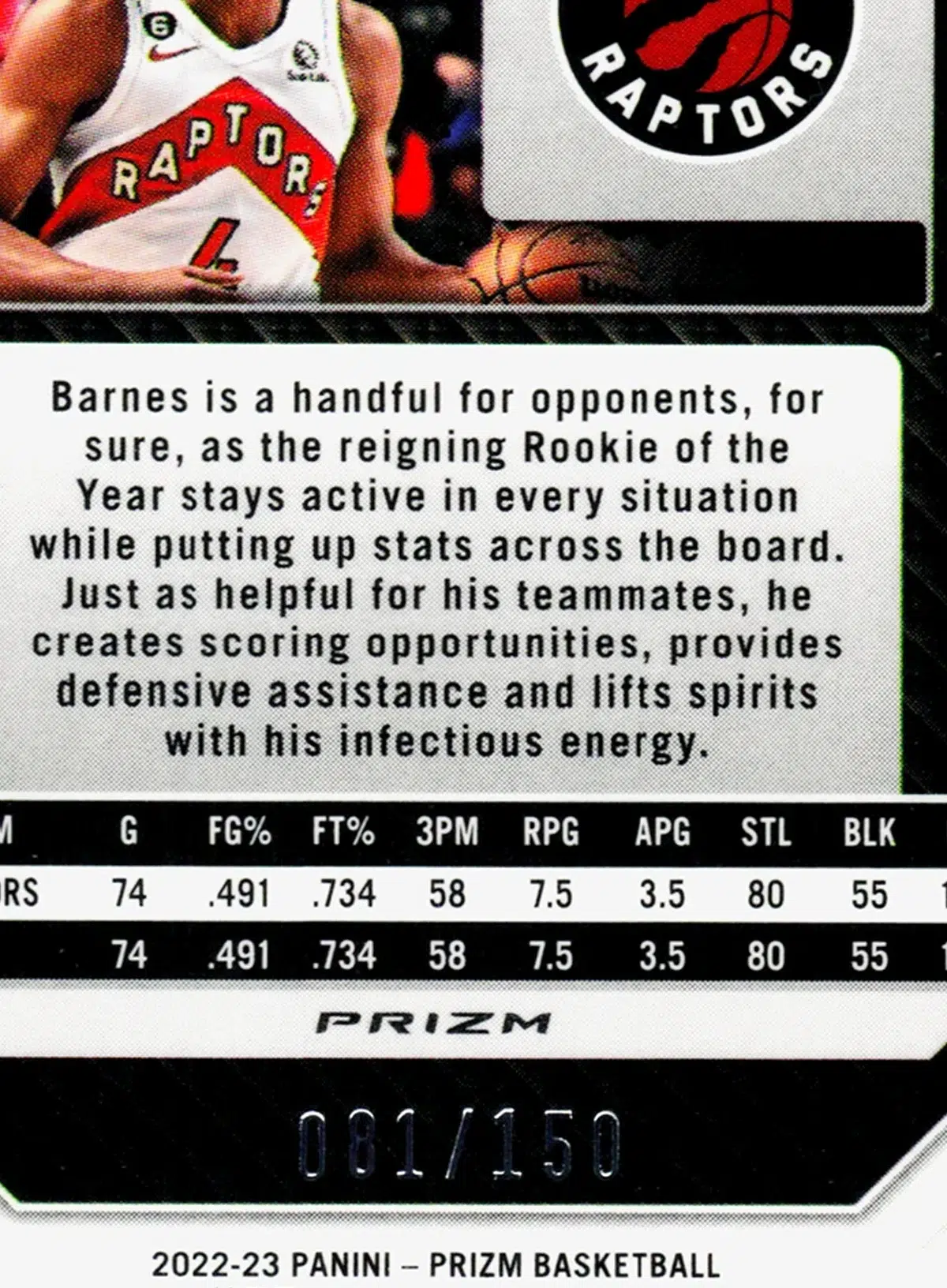 2022 23 Scottie Barnes #25 Panini Prizm of 150 - detail