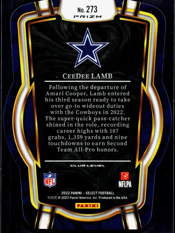 2022 CeeDee Lamb #273 Panini Select Club Level Silver Prizm Die Cut - back