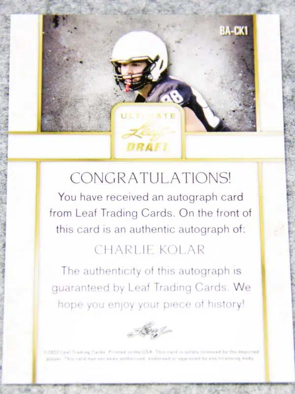 2022 Charlie Kolar #BA CK1 Leaf Ultimate Draft - back