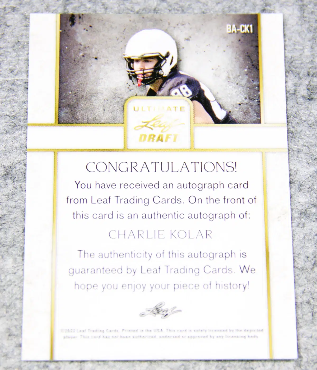 2022 Charlie Kolar #BA CK1 Leaf Ultimate Draft - back