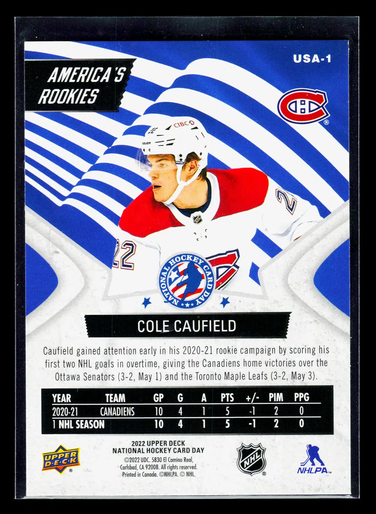 2022 Cole Caufield #USA 1 Upper Deck National Hockey Card Day Americas Rookies - back