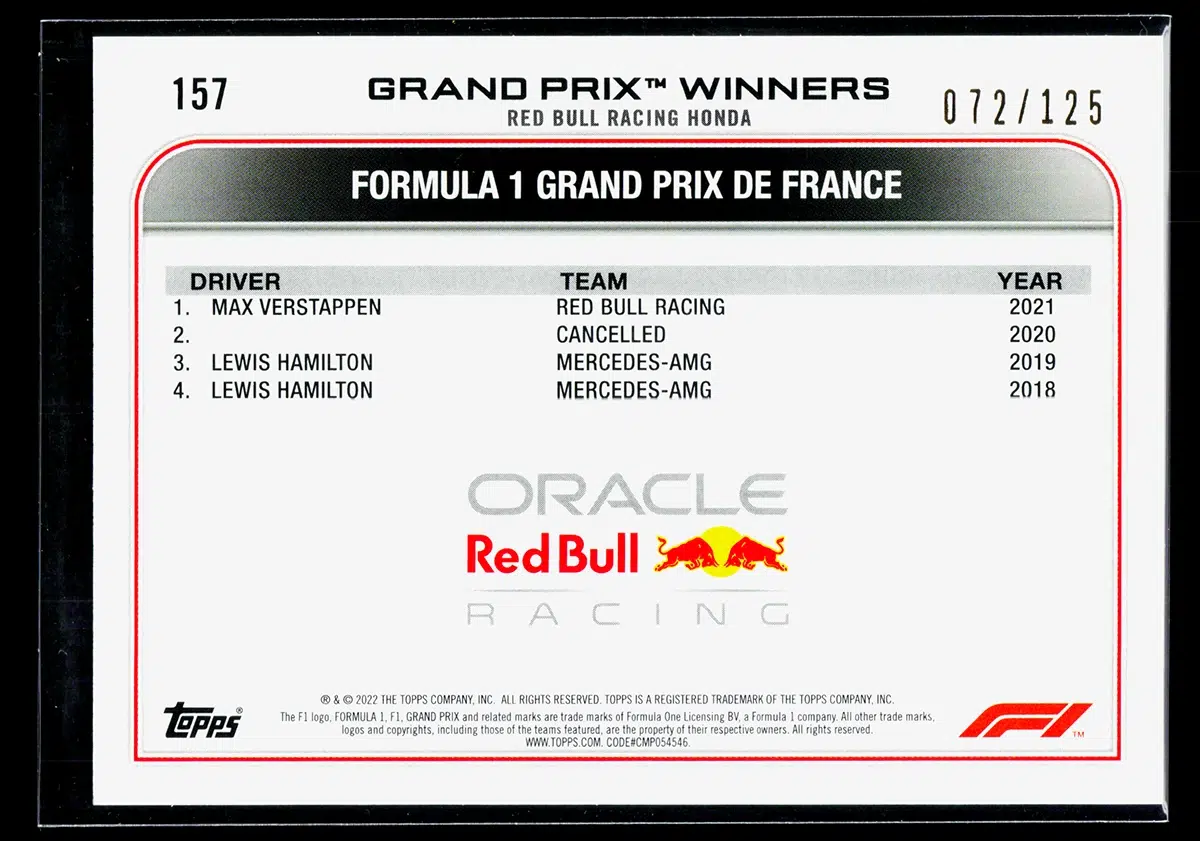 2022 Max Verstappen #157 Topps Formula 1 Grand Prix Winners Yellow of 125 - back
