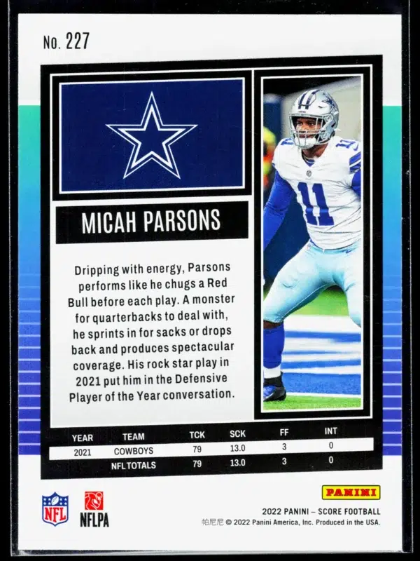 2022 Micah Parsons #227 Panini Score Scorecard - back