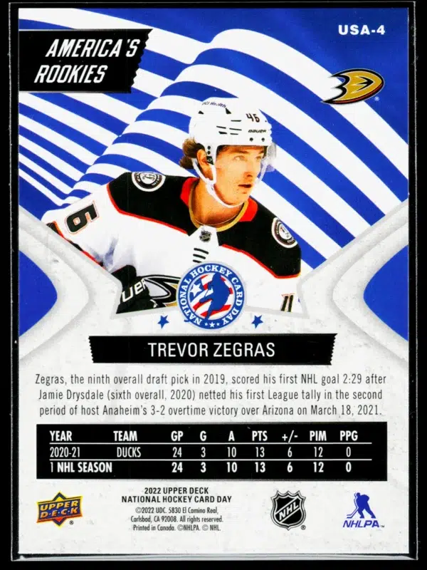 2022 Trevor Zegras #USA 4 Upper Deck National Hockey Card Day Americas Rookies - back